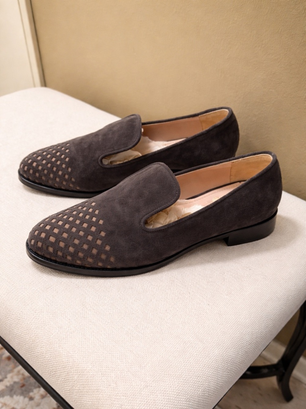 Cavalini Dark Brown Suede Slip-On Loafers with Perforated Toe - Size 7